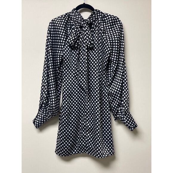 ZARA Dress Black With White Polka Dots, Neck Tie, Full Sleeves, Sz S - Picture 5 of 11